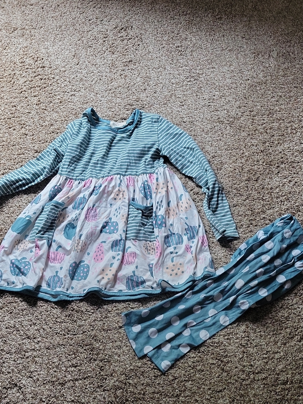 Girls' Teal Stripe and Pumpkin Print Top with Polka Dot Leggings